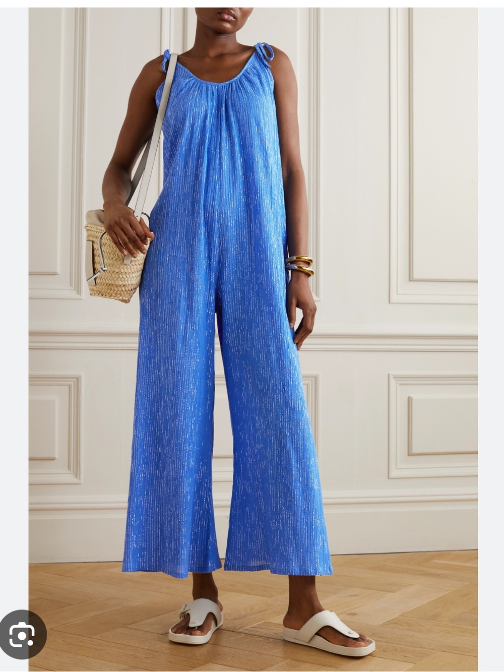 Suzi Kondi BESA Metallic Blue Crinkled Wide-Leg Jumpsuit XS